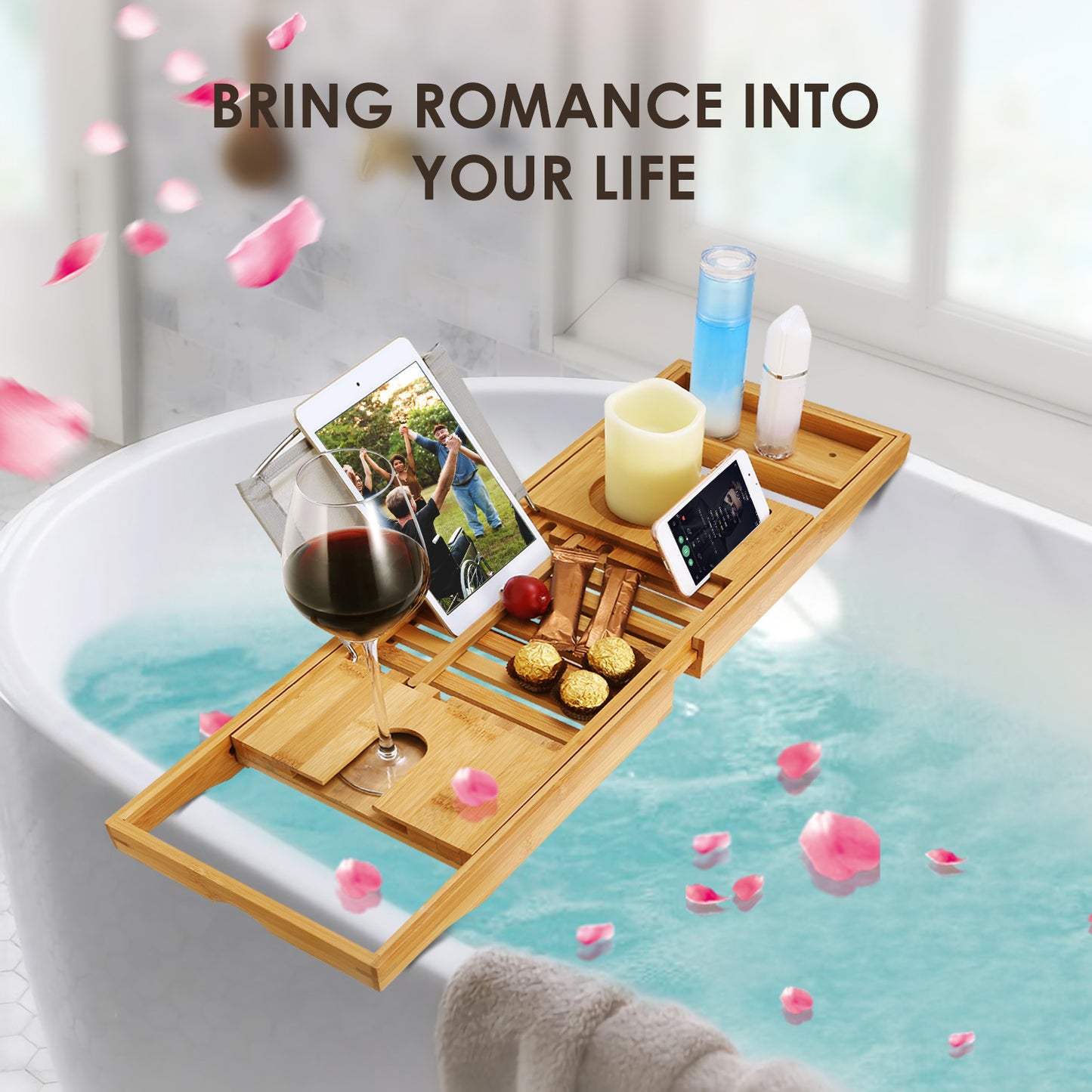 Extendable Bamboo Bathtub Caddy Tray With Wine Glass Holder, Tablet And Phone Rack, Bathroom Spa Bath Tray Table For Relaxing Reading Or Soaking