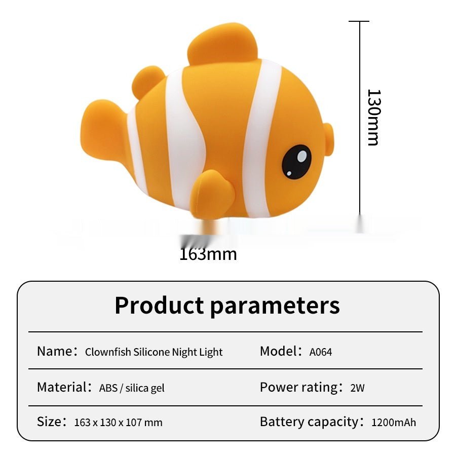 Adorable Clownfish Silicone Night Light, Rechargeable Bedside Lamp for Kids & Baby Nursery