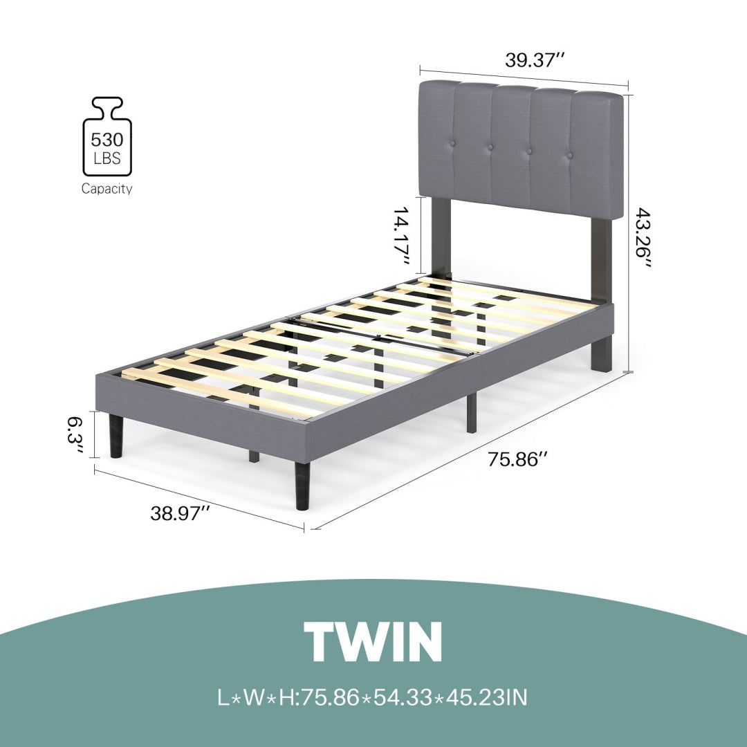 Upholstered Platform Bed Frame with Tufted Headboard (Gray, Iron Frame & Wood Slats) – Twin/Full/Queen/King