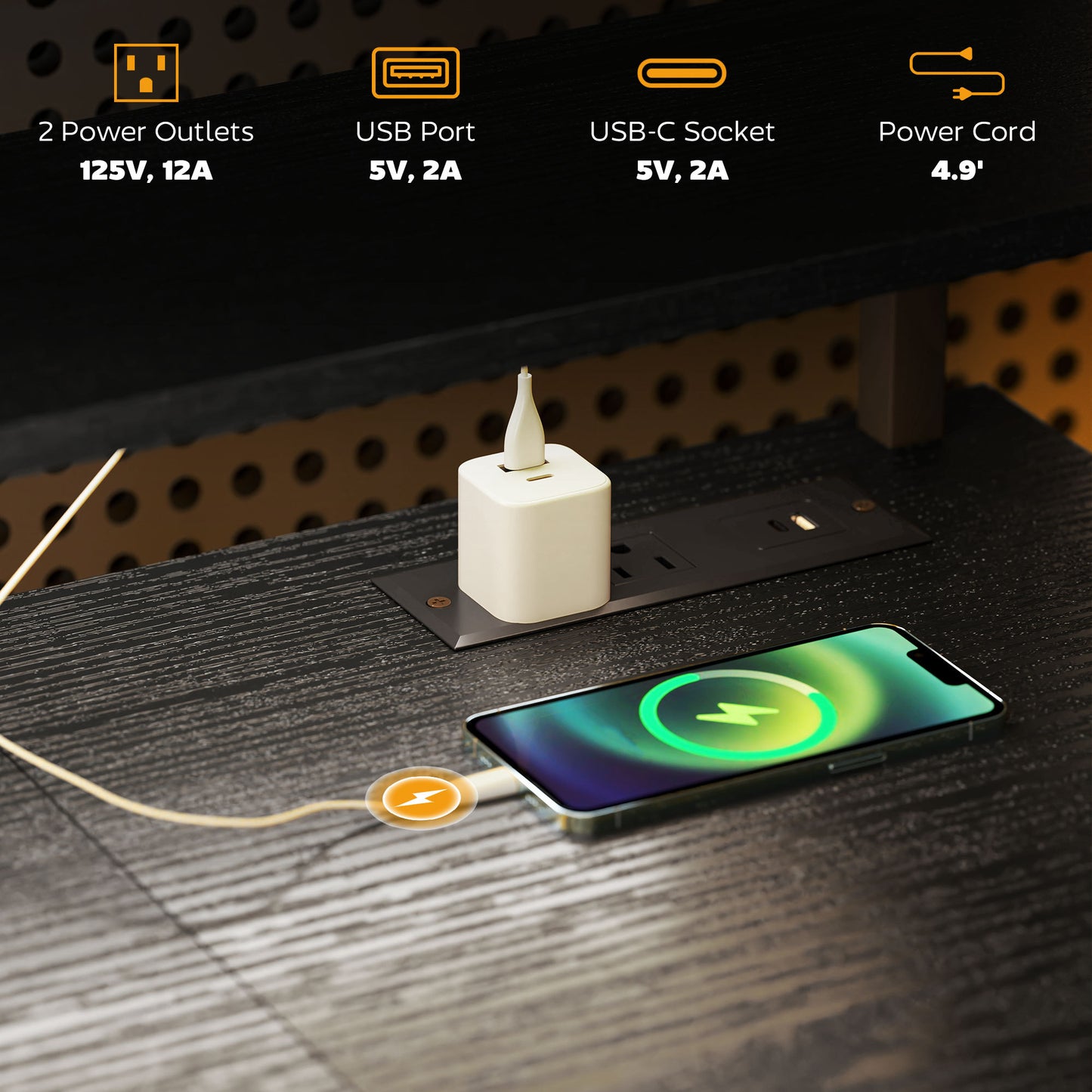 55 Inch Computer Desk With Storage Shelves, Reversible Gaming Table With Power Outlets And LED Lights, Distressed Black Home Office Workstation