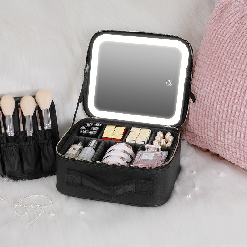 Portable LED Makeup Organizer Box with Adjustable Lighted Mirror