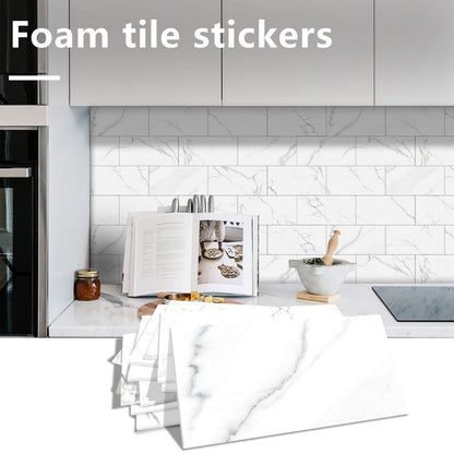 White Marble Look Peel & Stick Wall Tile Stickers – Waterproof PVC Composite for Kitchen & Bathroom