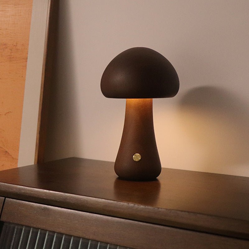 Wooden Mushroom LED Night Light, Touch-Activated Bedside Table Lamp