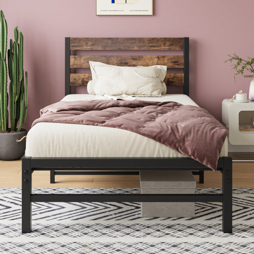 Twin Platform Bed Frame w/ Rustic Wood Headboard & Metal Slats (No Box Spring Needed, Rustic Brown)