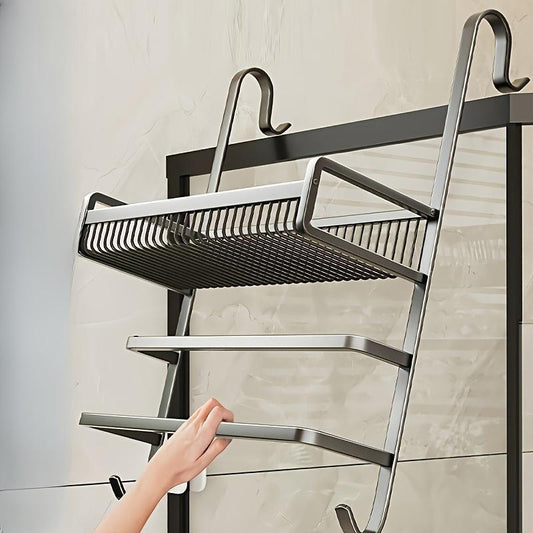 Punch-free Bathroom Towel Rack – Over-the-door Shower Glass Hook with Multi-tier Storage Shelf