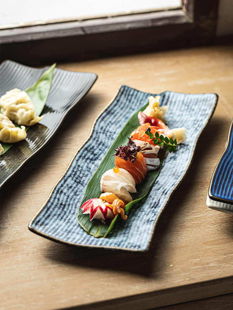 Irregular Long Ceramic Sushi Plates – Japanese Style Striped Flat Serving Dish