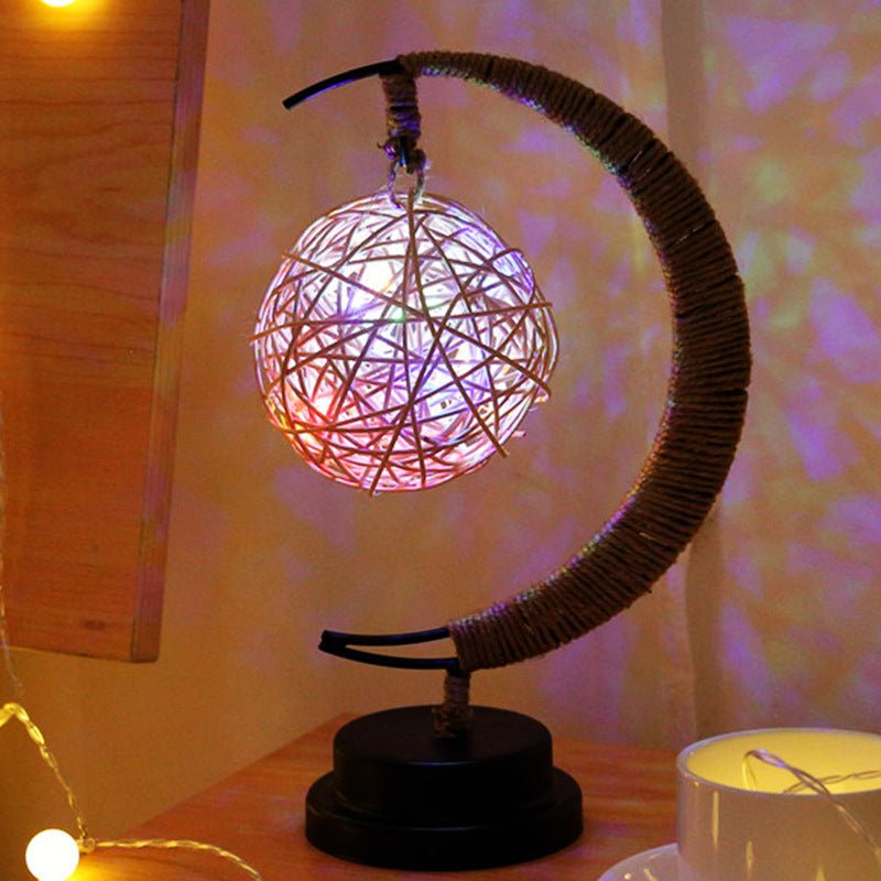 LED Crescent Moon Lamp with USB Power, Decorative Table Light with Glass Pendants
