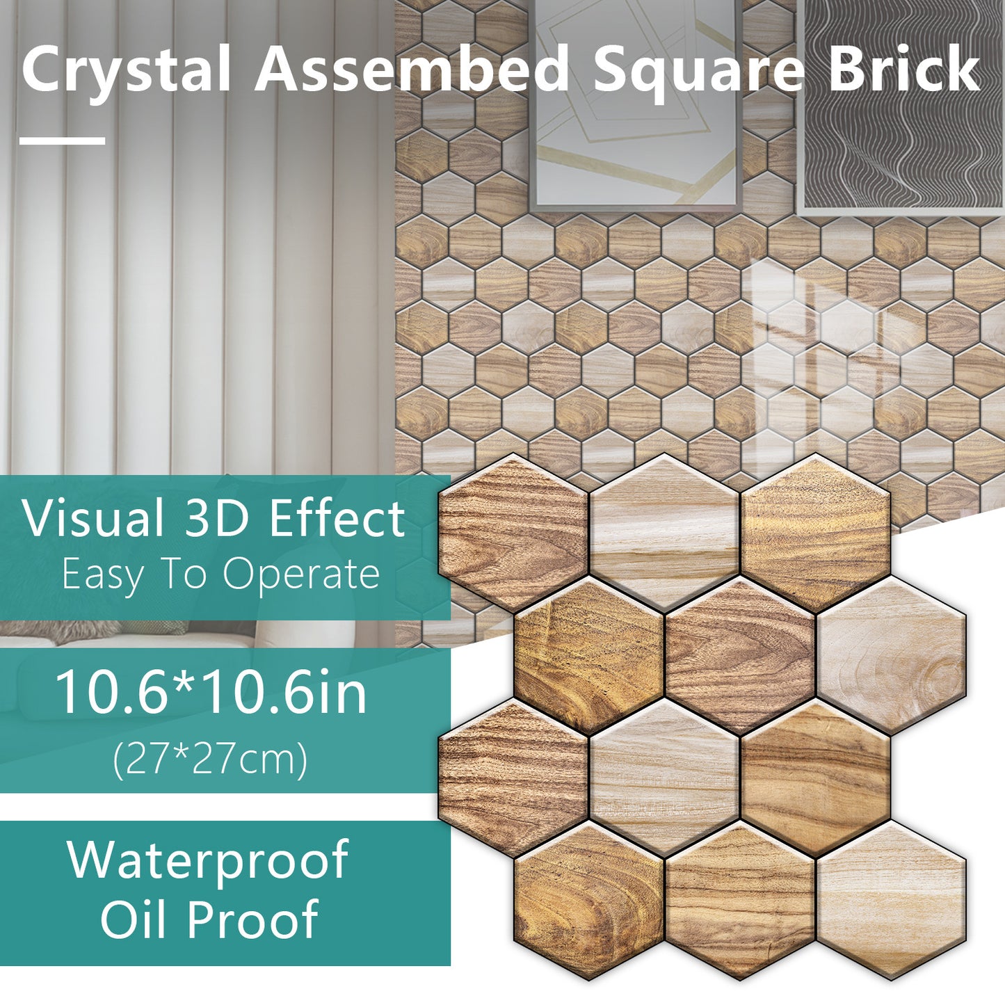 Hexagonal Wood Grain Peel & Stick Wall Tiles – Waterproof Self-Adhesive Backsplash for Kitchen & Bathroom