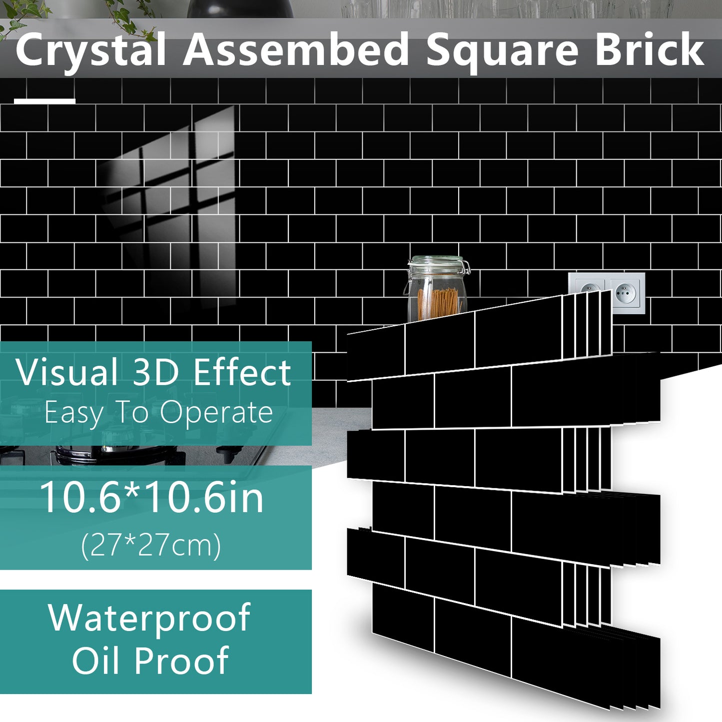 Black Glossy Peel & Stick Wall Tiles – Self-Adhesive Waterproof Backsplash for Kitchen & Bathroom