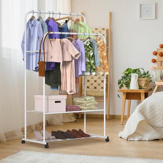 Rolling Garment Hanging Rack – Clothes Organizer with Double Rail, Bottom Shelf & Lockable Wheels