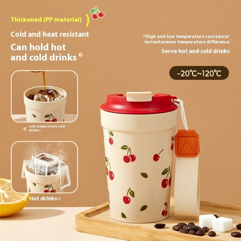 Creative Large Capacity Cherry Print Tumbler with Lid and Straw