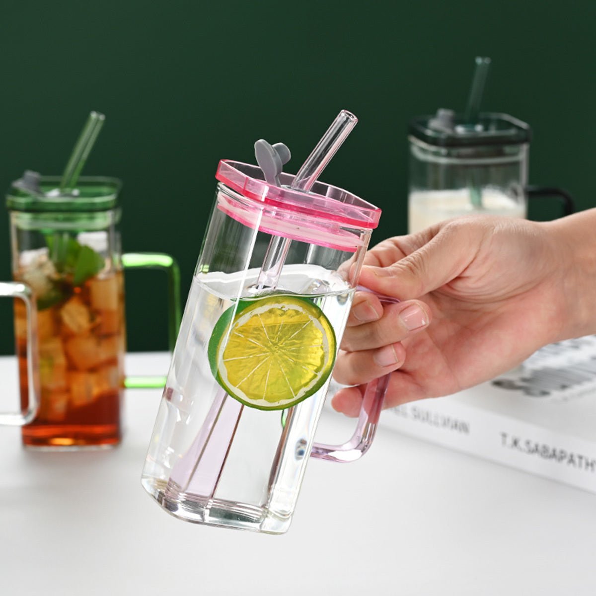 6 Pcs Square Glass Cup Set with Lids and Straws, High Borosilicate Glass