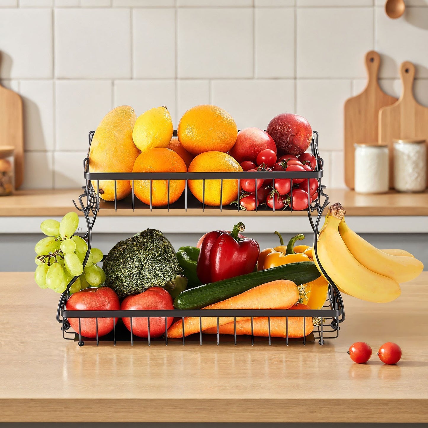 2-Tier Fruit Basket Stand – Kitchen Countertop Storage Rack with Banana Hanger