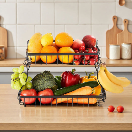 2-Tier Fruit Basket Stand – Kitchen Countertop Storage Rack with Banana Hanger