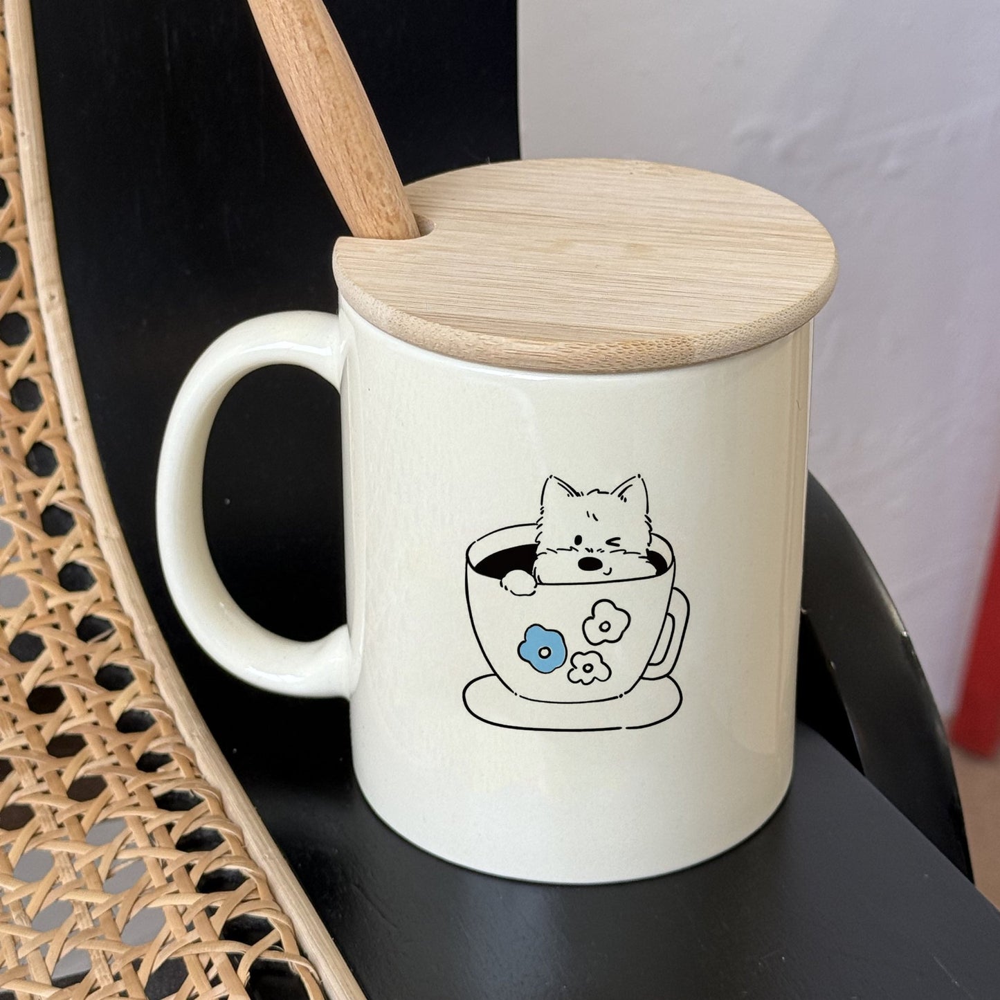 Cute West Highland Terrier Puppy Ceramic Mug with Wood Lid & Spoon