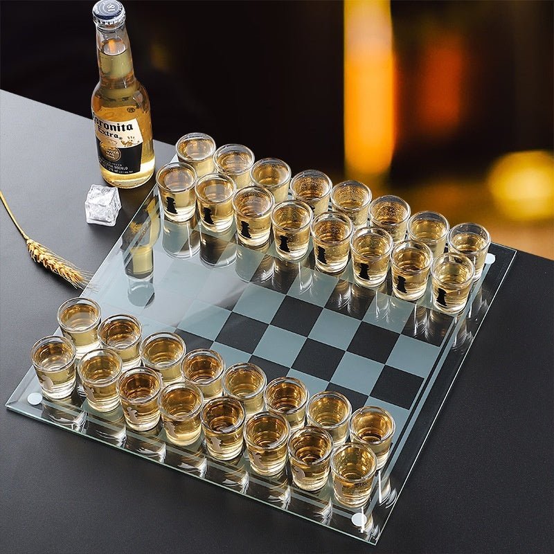 Elegant Glass Chess Drinking Game Set with Crystal Cups