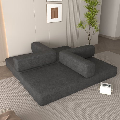 Convertible Sleeper Sofa Bed With Cylindrical Pillow, Corduroy Folding Mattress Couch With Fixed-Shape Frame, Floor Sofa Lounge Couch For Living Room Bedroom Lounge Studio Orange Red