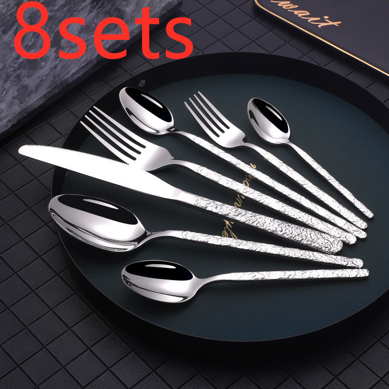 Embossed Handle Stainless Steel Flatware Set – 7-Piece, Black/Gold/Rose Gold/Silver