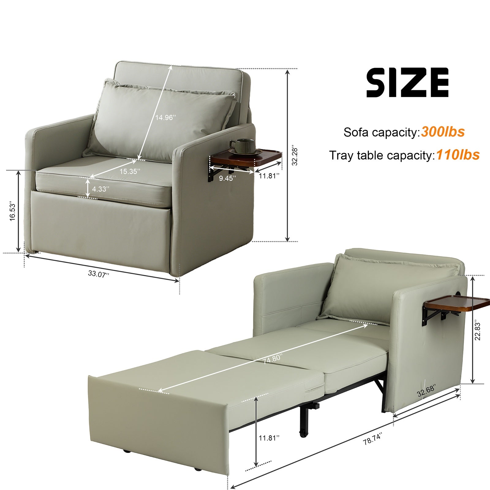 Convertible Sleeper Chair with Charging Ports & Folding Tray Table - DonoHome