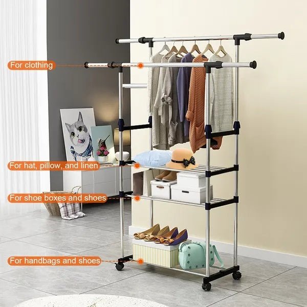Garment Hanging Rack Extendable Clothing Hanging Rail Organizer With Rolling Wheels Hold Up To 77LBS Max Load