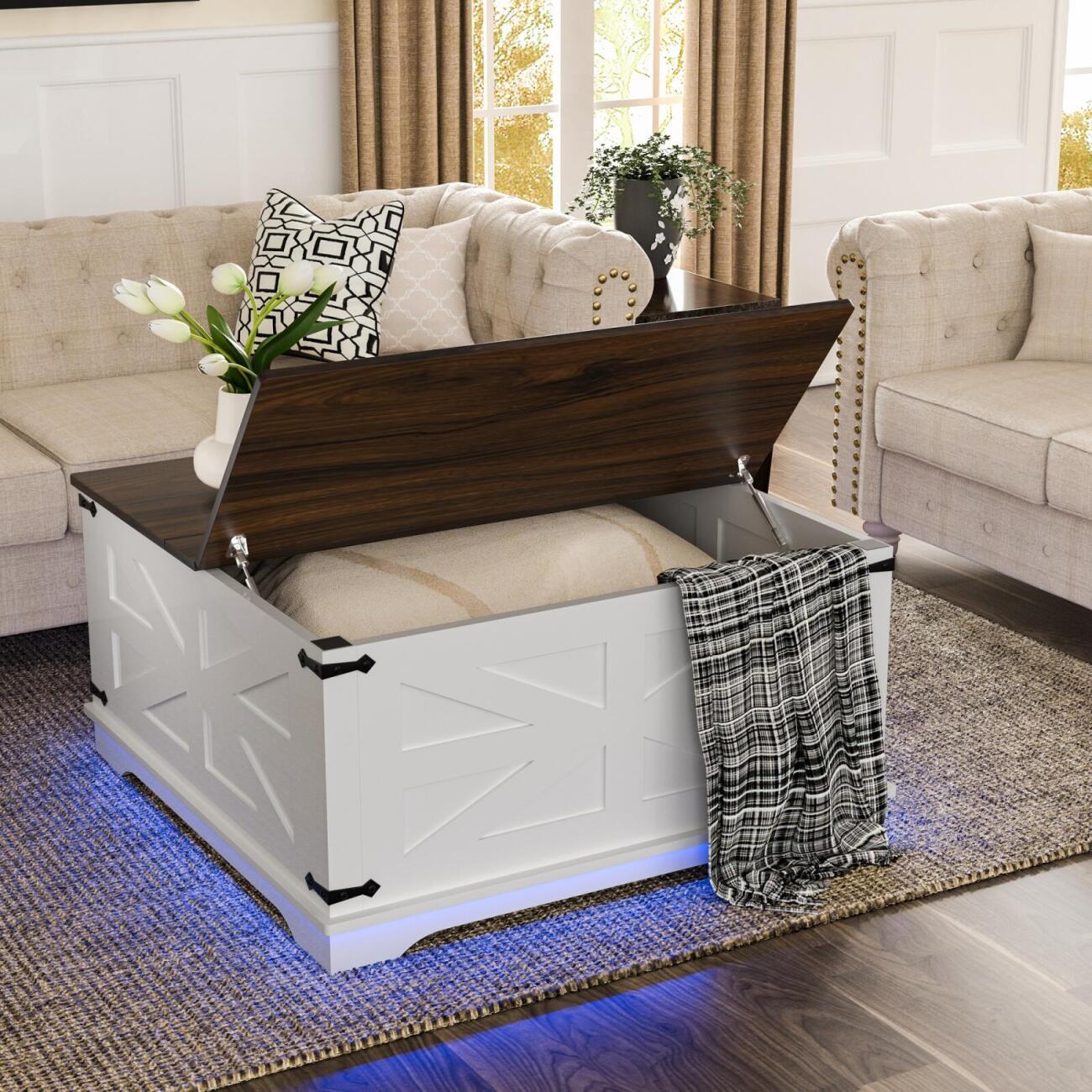 Farmhouse Coffee Table With Lift-Top, USB Charging Station And Hidden Storage, Sturdy Wooden Base Living Room Center Table For Organization And Versatile Use