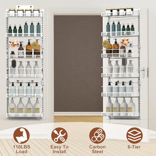 Over-the-Door Pantry Organizer, 6-Tier Carbon Steel Rack (50.2″H × 17.1″W × 5.5″D, 110 lb) – Black/White