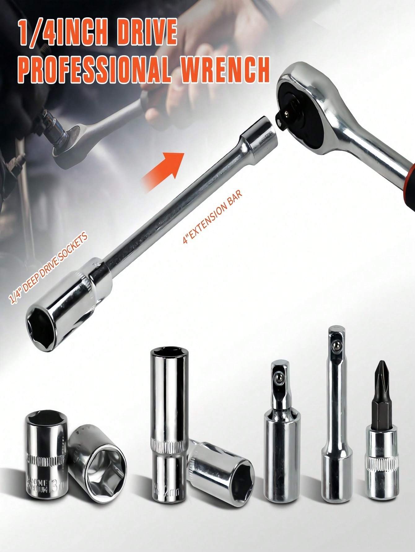 Part-Driven Socket Claw Ratchet Wrench Set with Drill Sockets & Extension Rods – Metric Tool Kit for Auto Repair & Home Use
