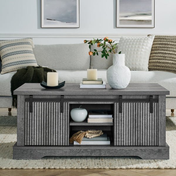 Rustic Farmhouse Coffee Table with Sliding Doors & Storage Shelves - 41 Inch - DonoHome