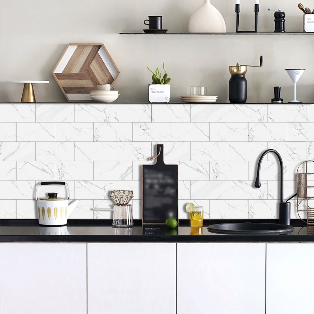 White Marble Look Peel & Stick Wall Tile Stickers – Waterproof PVC Composite for Kitchen & Bathroom