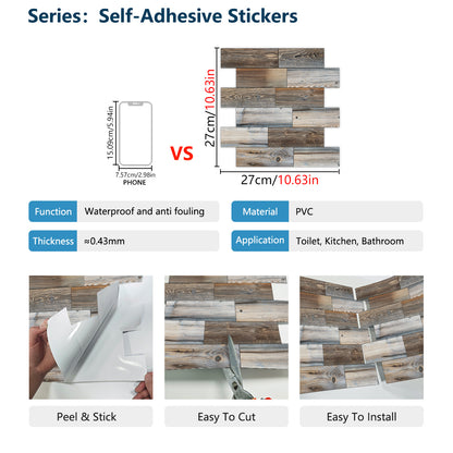 Wood Grain Mosaic Peel & Stick Wall Tiles – Waterproof Oil-Resistant PVC Stickers for Kitchen & Bathroom