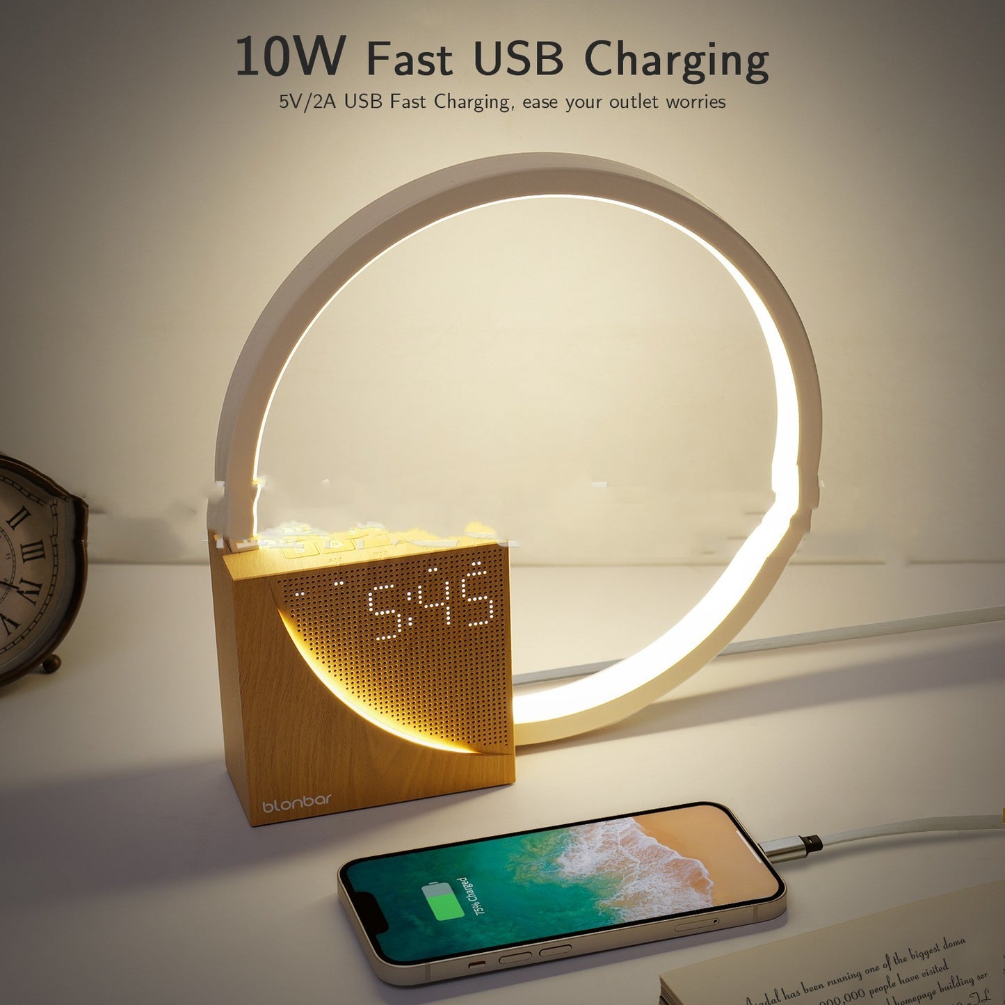 Multifunction Bedside Lamp with Alarm Clock, Natural Sounds, & 10W USB Charging