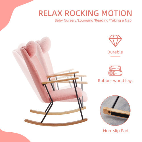 Modern Upholstered Rocking Chair with Headrest & Armrests – Living Room/Bedroom (Pink)