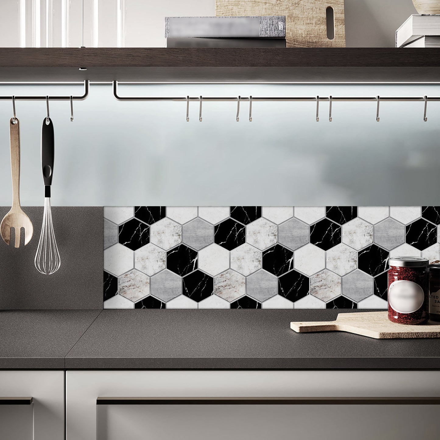 Black & White Marble Hexagonal Peel & Stick Wall Tiles – Waterproof Glossy PVC Backsplash for Kitchen & Bathroom