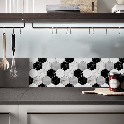 Black & White Marble Hexagonal Peel & Stick Wall Tiles – Waterproof Glossy PVC Backsplash for Kitchen & Bathroom
