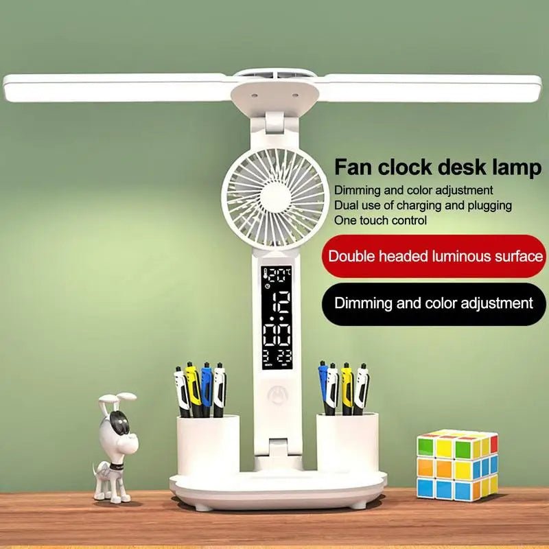 Multifunction LED Desk Lamp, Foldable with Fan, Clock, & Pen Holder