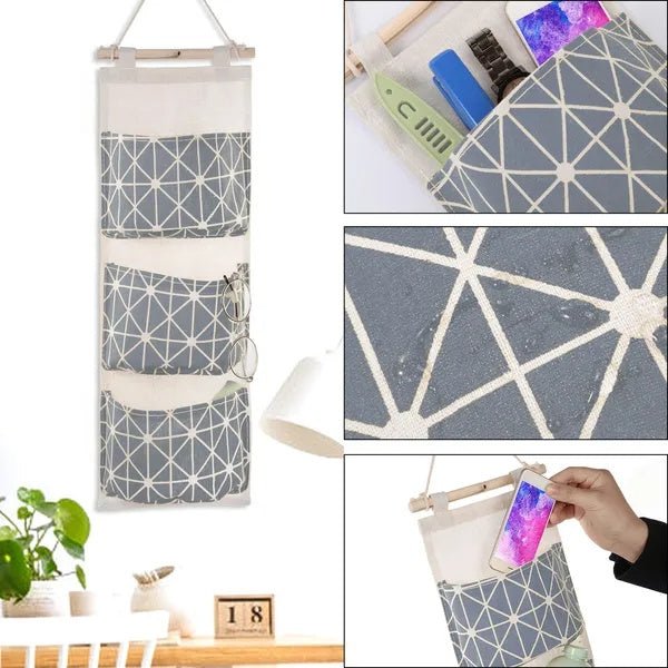 Wall Mounted Hanging Storage Bag Organizer with 3 Pockets, Space-Saving Closet and Door Pouch for Home Organization