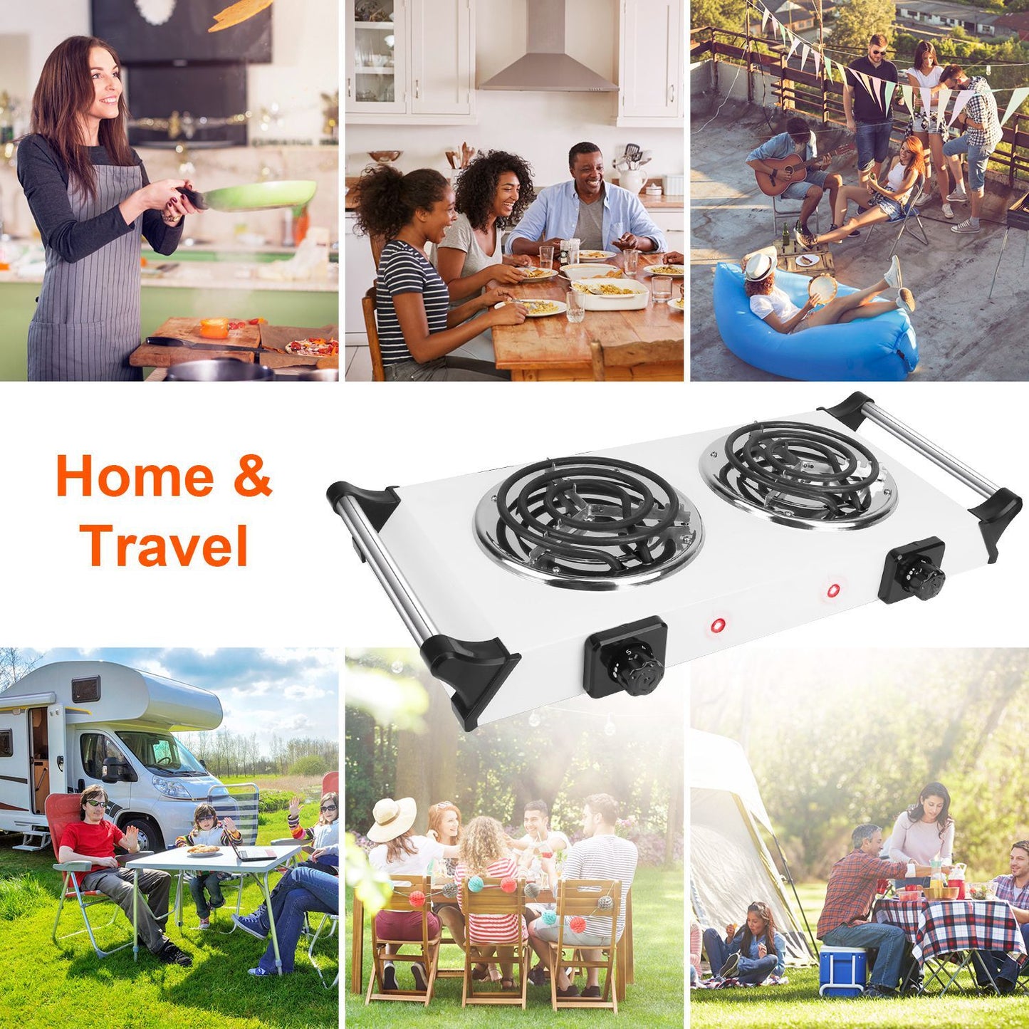 2000W Electric Dual Burner Portable Coil Heating Hot Plate Stove Countertop RV Hotplate With 5 Temperature Adjustments Portable Handles