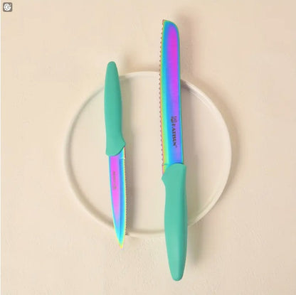 14-Piece Rainbow Titanium Kitchen Knife Set w/ Wooden Block & Shears (High-Carbon Stainless Steel)