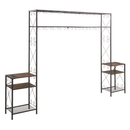 Queen Bed Frame with Bookcase Headboard & 2 Nightstands (Iron + Wood, Rustic Brown)