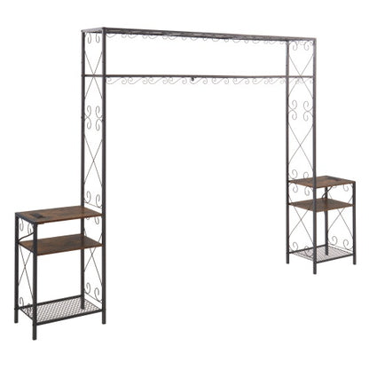 Queen Bed Frame with Bookcase Headboard & 2 Nightstands (Iron + Wood, Rustic Brown)