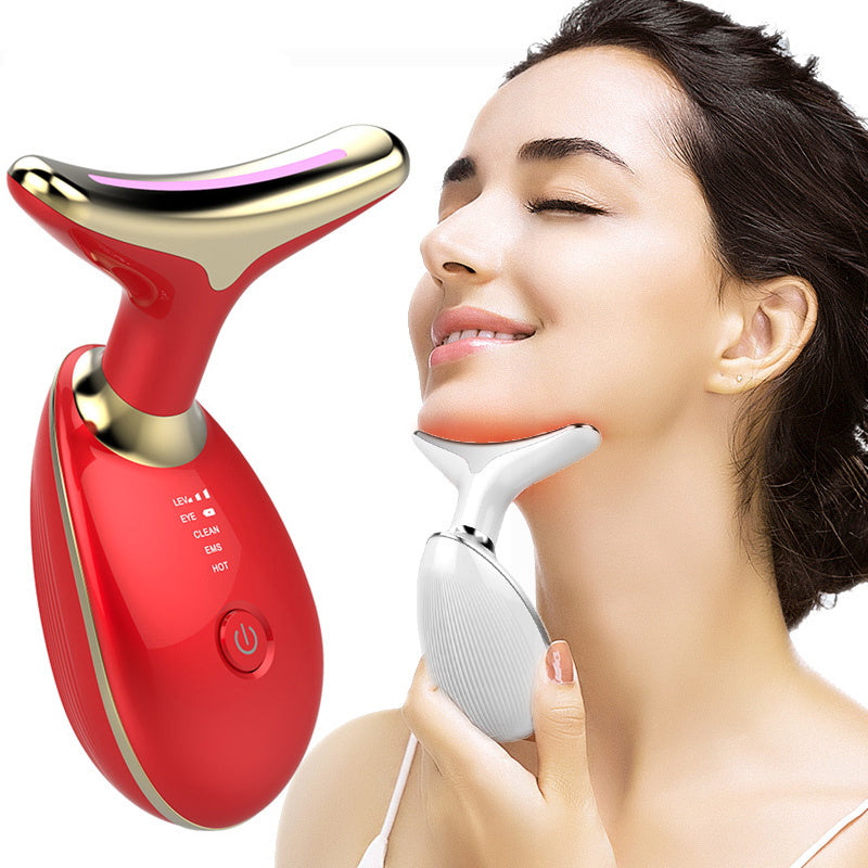 Beauty device with a woman using it on her face, on a white background