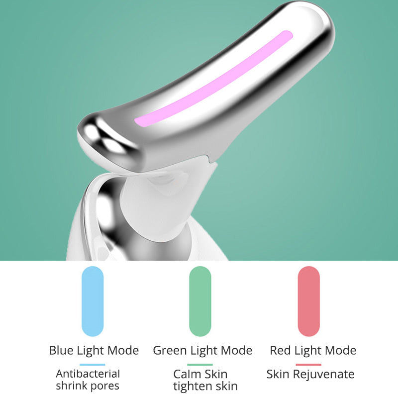 Skin care device with LED lights for different modes on a teal background