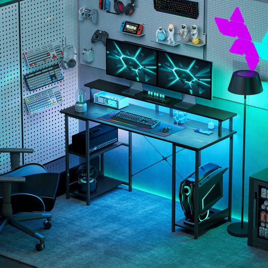 55 Inch Computer Desk With Storage Shelves, Reversible Gaming Table With Power Outlets And LED Lights, Distressed Black Home Office Workstation