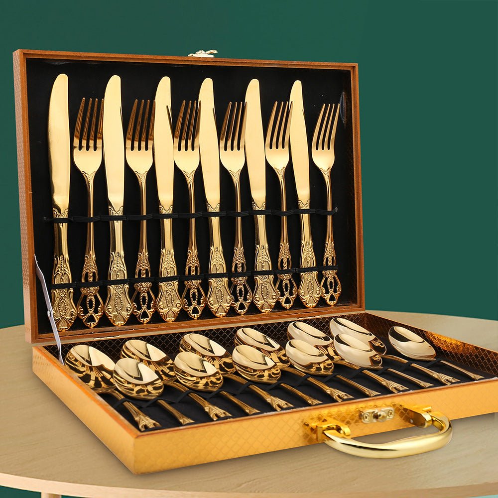 Luxury European Pattern Stainless Steel Cutlery Set – Golden Fork & Knife Flatware Collection