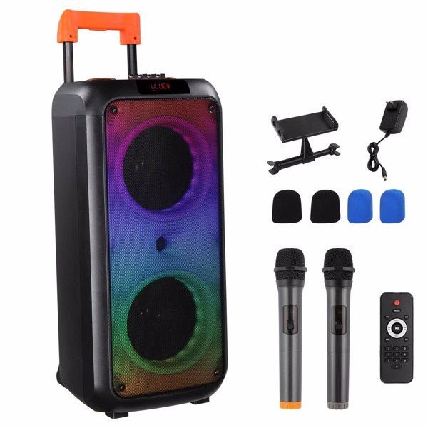 40W Portable Party Speaker with Bluetooth, LED Light Rhythm, Remote Control & Dual Microphones