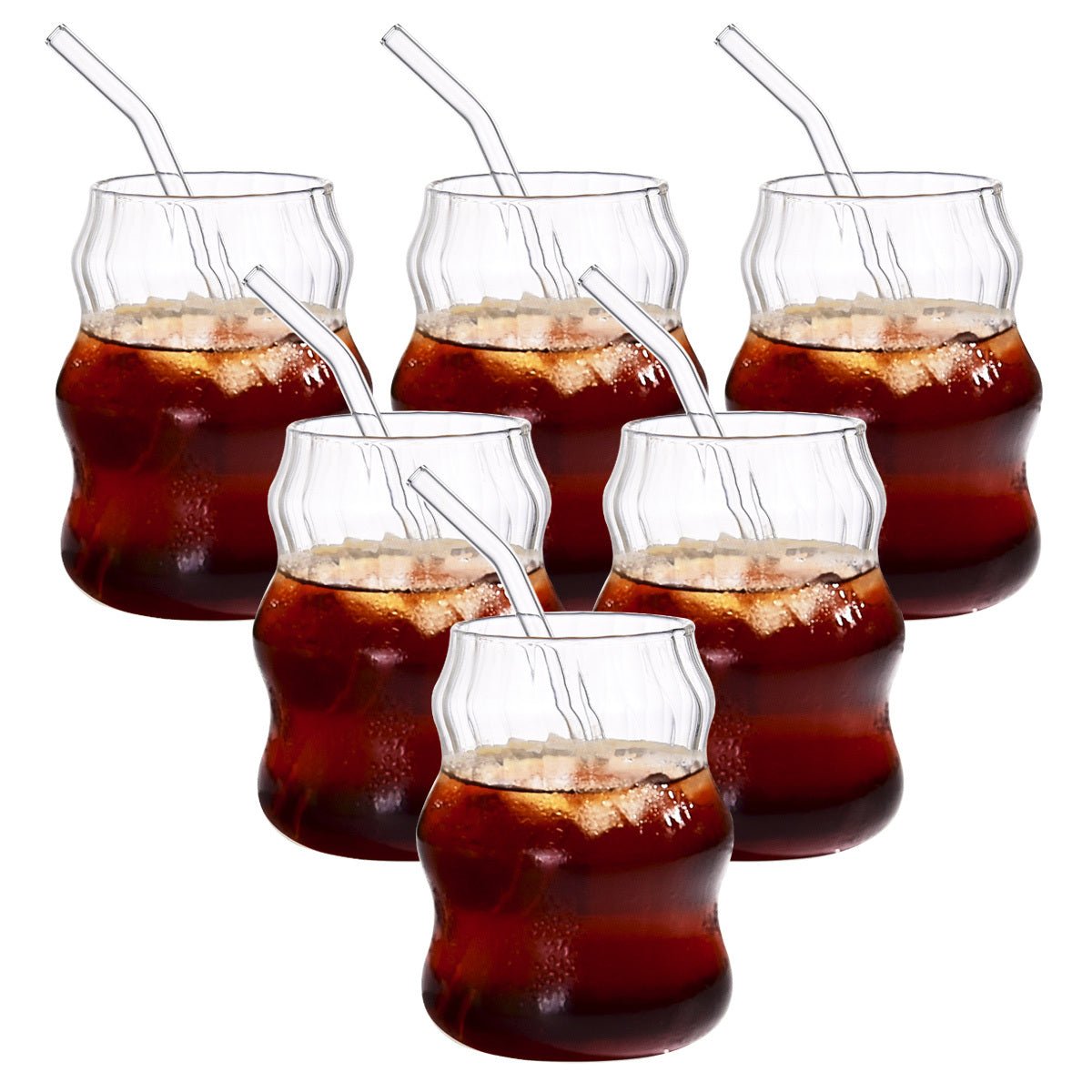 6 Pcs 19oz Glass Coffee Cup Set with Straws, Striped Cloud Design, for Milk Juice Tea Cold Drinks