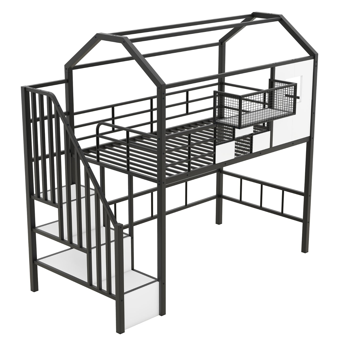 Twin Metal Loft Bed with Roof Design, Guardrails, and Storage Box