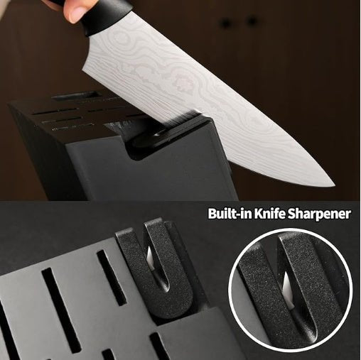 Damascus Pattern 15-Piece Kitchen Knife Set With Block, High Carbon Steel Chef Knife, Includes Sharpener And Scissors, Ergonomic Black Anti-Slip Handle And Red Trim, Perfect For Professionals