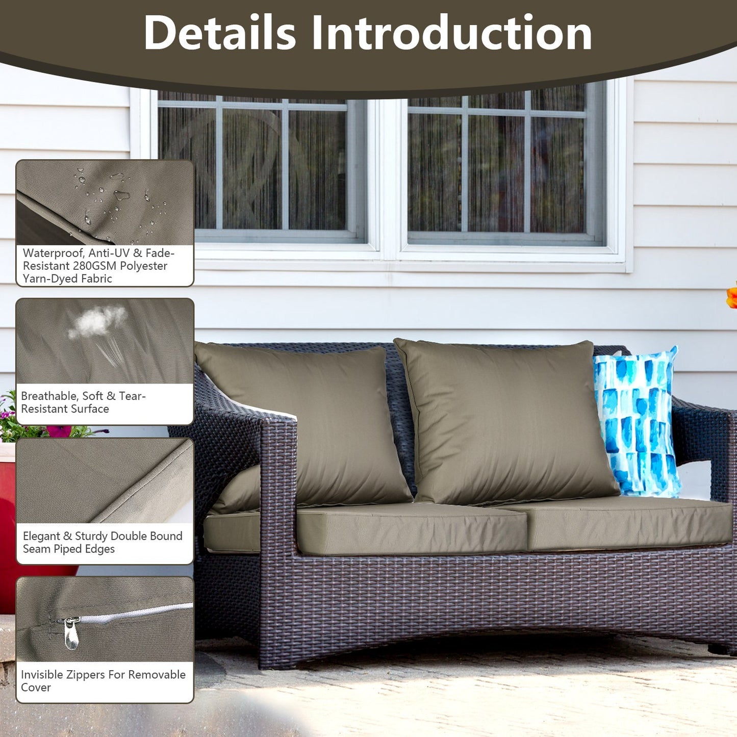 Waterproof Outdoor Seat Cushion Set with Back Pillow - Fade Resistant Chair Pad - DonoHome