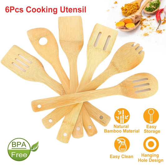 6Pcs Bamboo Wooden Cooking Utensils Set – Spoons & Spatulas for Nonstick Cookware
